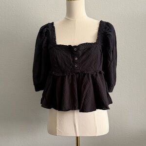 Free People Black Smocked Peplum Blouse | Puff Sleeve Cotton Top Small